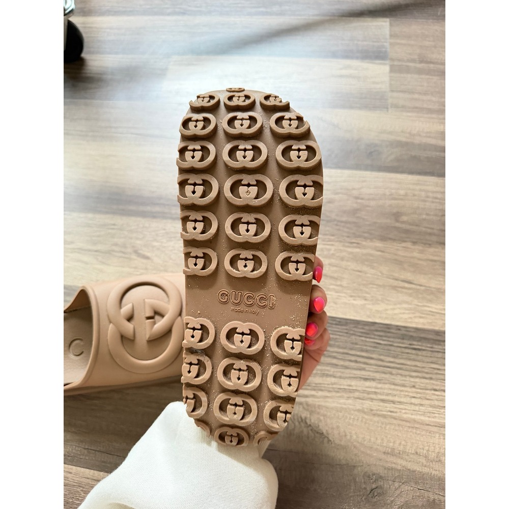 Gucci Platform Slide Sandals Womens Tan Good Interlocking G Logo Rubber Lug Sole - Picture 6 of 6